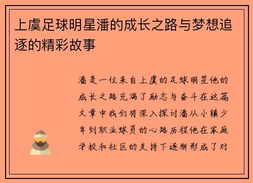 上虞足球明星潘的成长之路与梦想追逐的精彩故事