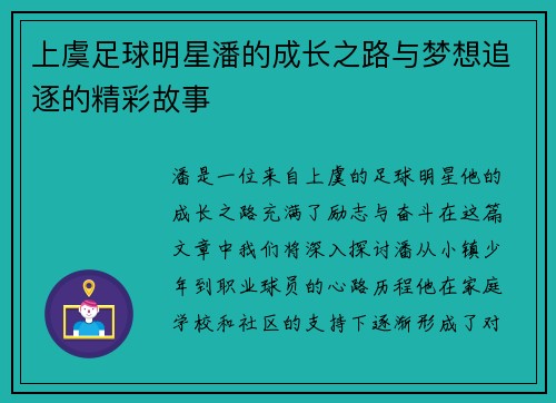 上虞足球明星潘的成长之路与梦想追逐的精彩故事